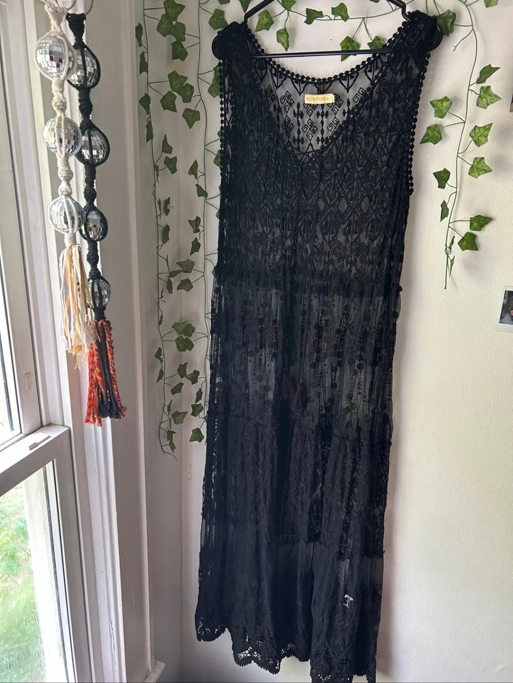 RUBY YAYA Black Lace Maxi Dress V-Neck Sleeveless Sheer Long Layered - Picture 2 of 2